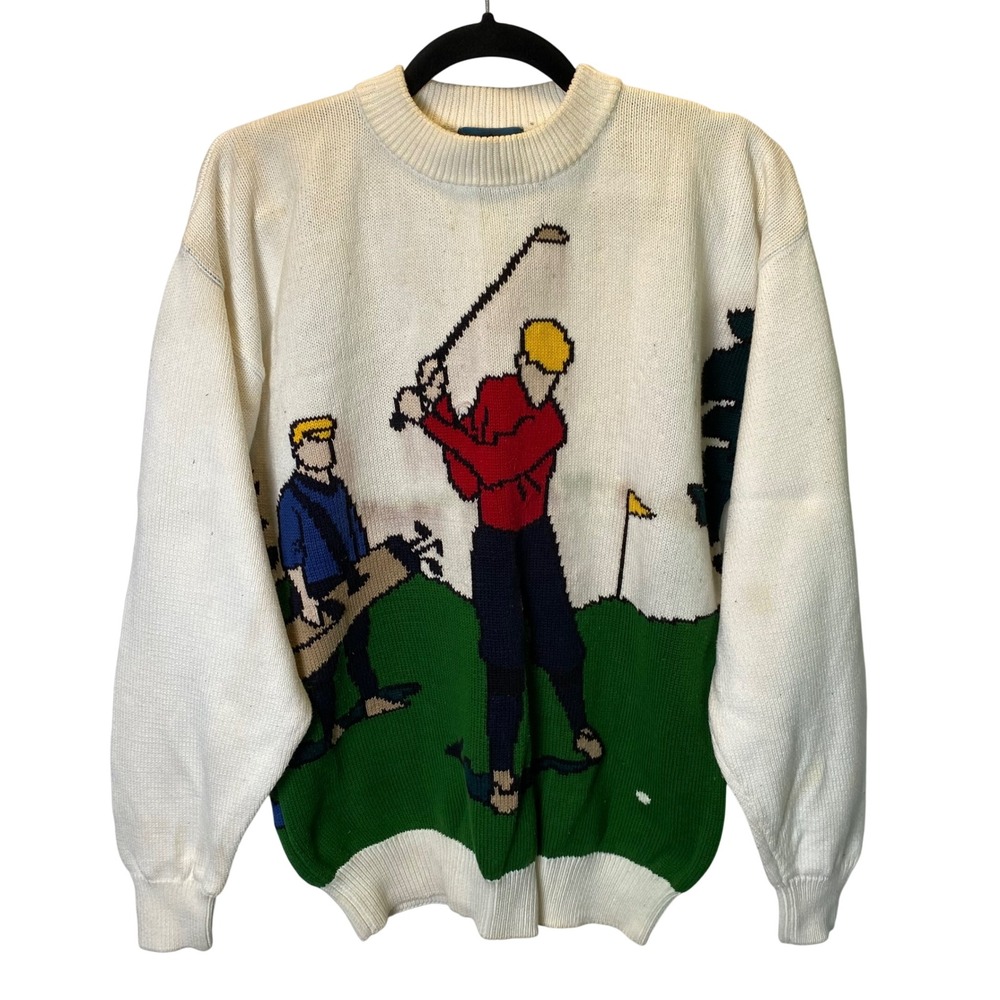 Vintage Jantzen Golf Sweater Womens L Cream Knit Graphic Crewneck Preppy Golfer